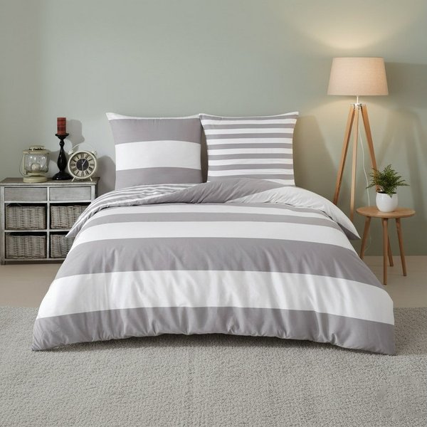 Buymax Bettwäsche Aspara, Renforcé, 100% Baumwolle, Renforcé, 4 teilig, mit Reißverschluss, modern gestreift, Grau Weiß, 135x200 cm