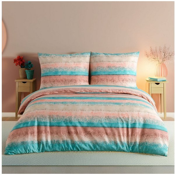 Buymax Bettwäsche Belissim, Renforcé, 100% Baumwolle, Renforce: 100% Baumwolle, 3 teilig, 200x200 cm, mit Reißverschluss, Streifen, gestreift, Rose-Türkis
