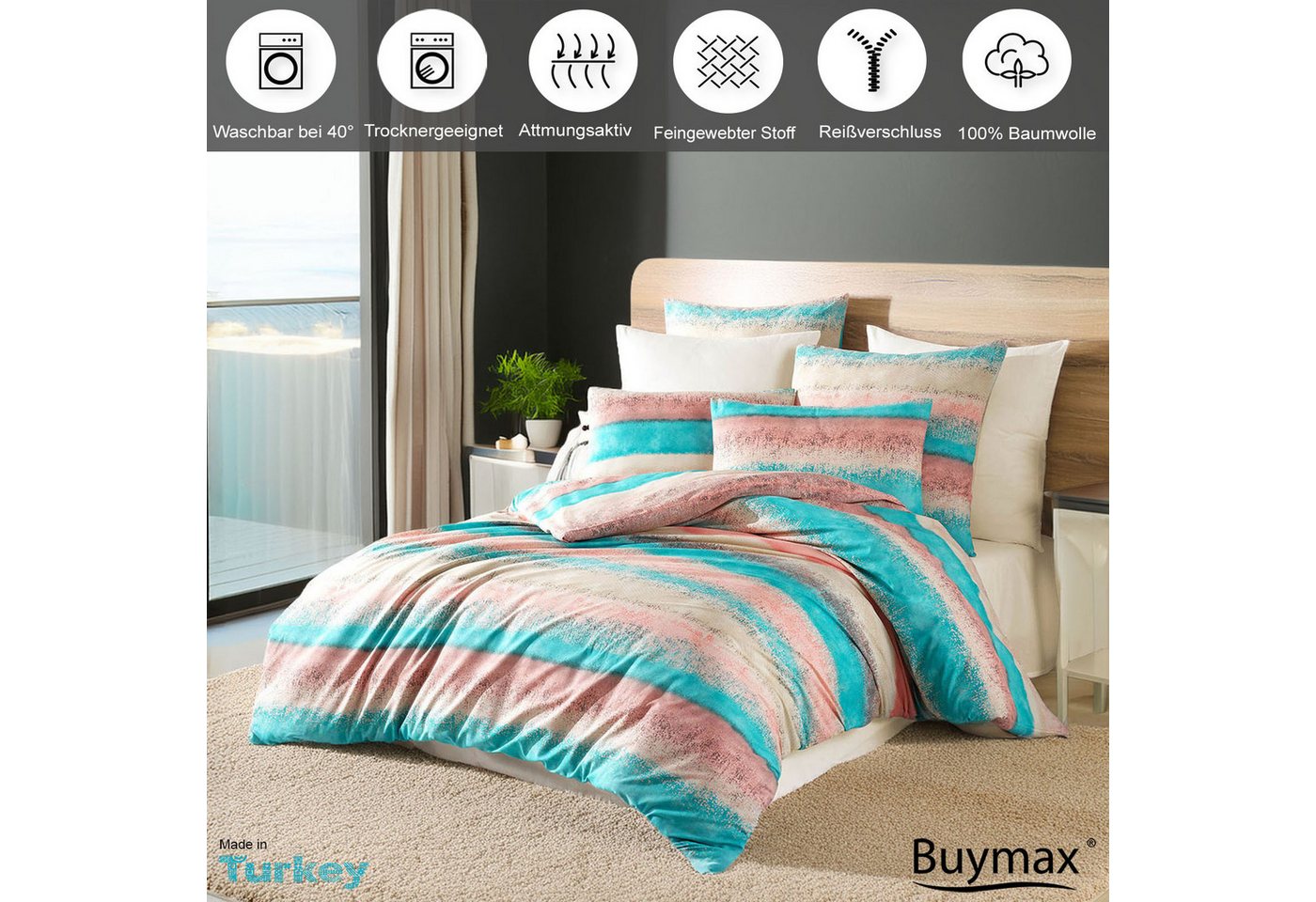 Buymax Bettwäsche Belissim, Renforcé, 100% Baumwolle, Renforce: 100% Baumwolle, 3 teilig, 200x200 cm, mit Reißverschluss, Streifen, gestreift, Rose-Türkis – Bild 2 von 5
