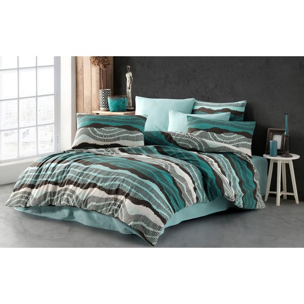 Buymax Bettwäsche Bettbezug-Set Dolce, Center, Baumwollmischung: 80% Baumwolle, 20% Polyester, 3 teilig, 200x220 cm mit Reißverschluss, Türkis-Schwarz, Streifen