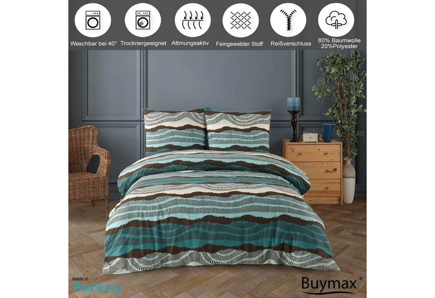 Buymax Bettwäsche Bettbezug-Set Dolce, Center, Baumwollmischung: 80% Baumwolle, 20% Polyester, 3 teilig, 200x220 cm mit Reißverschluss, Türkis-Schwarz, Streifen – Bild 2 von 5