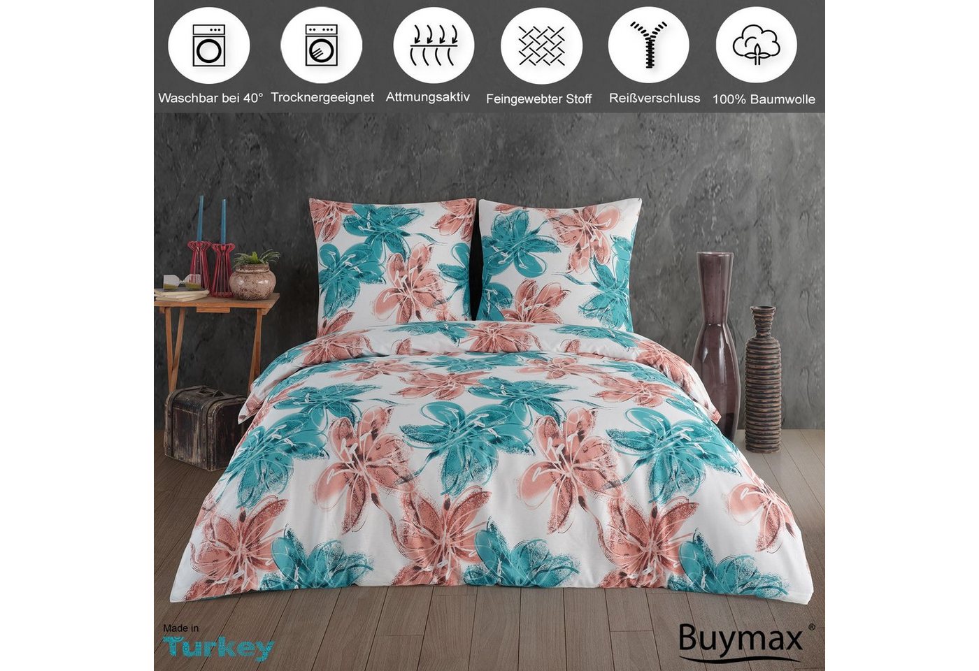 Buymax Bettwäsche Bettbezug-Set Trendy, atmungsaktiv, pflegeleicht, Renforce: 100% Baumwolle, 2 teilig, 135x200 cm, Reißverschluss, hochwertig, Weiß, Türkis, Al – Bild 2 von 5
