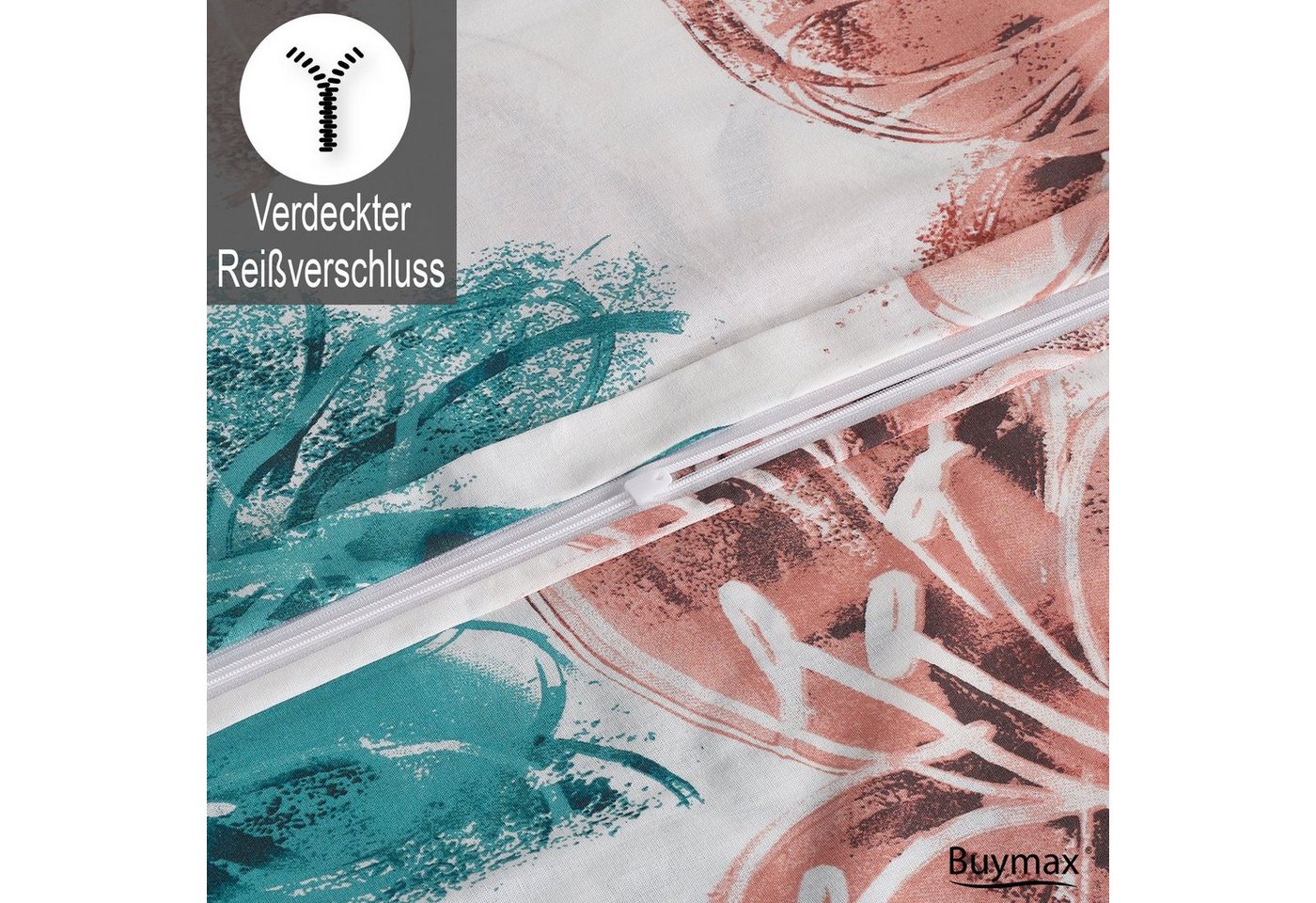 Buymax Bettwäsche Bettbezug-Set Trendy, atmungsaktiv, pflegeleicht, Renforce: 100% Baumwolle, 2 teilig, 135x200 cm, Reißverschluss, hochwertig, Weiß, Türkis, Al – Bild 4 von 5
