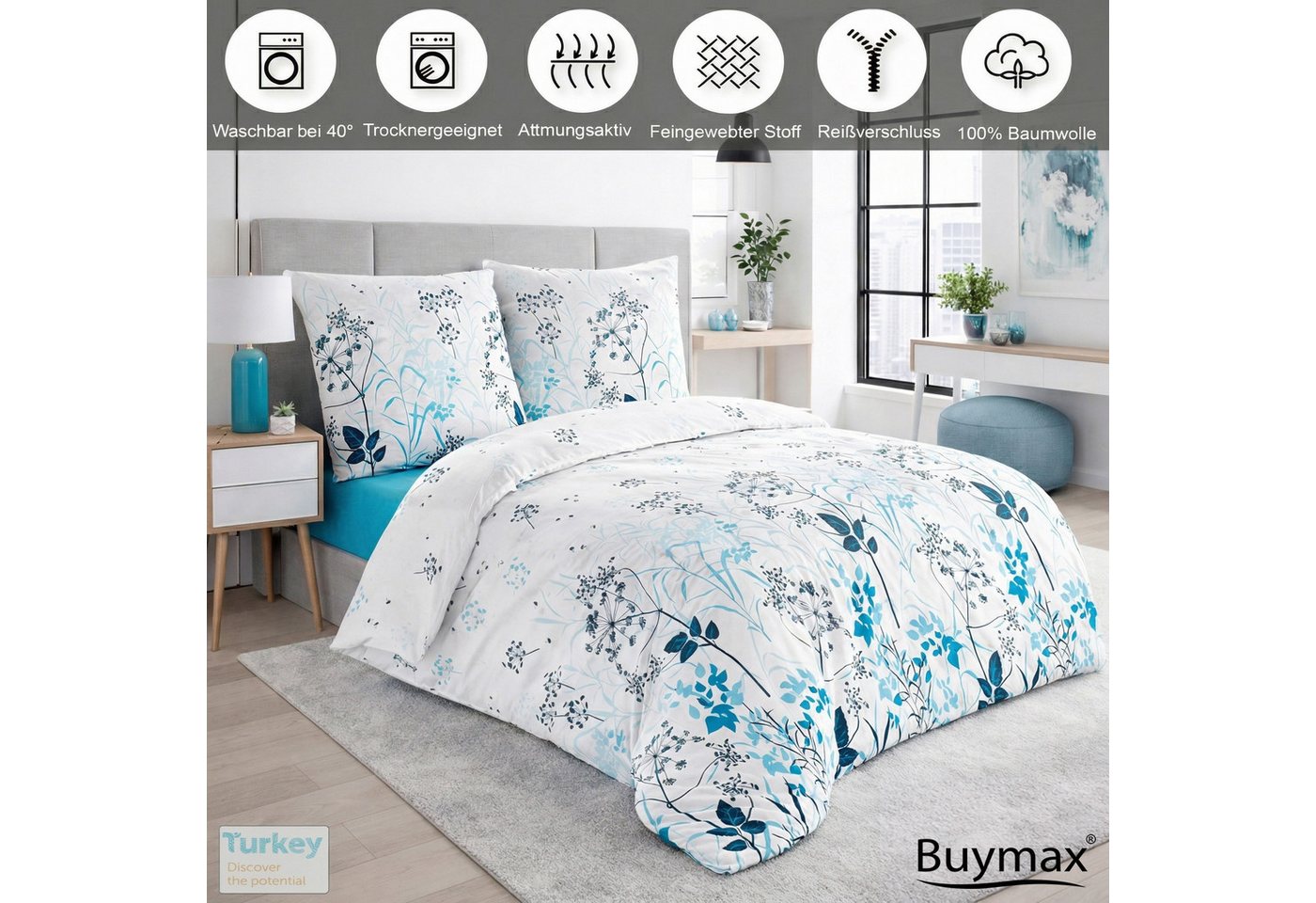 Buymax Bettwäsche Blue Garden, Renforcé, 100% Baumwolle, Renforce: 100% Baumwolle, 3 teilig, Bettwäsche-Set in 200x220 cm, mit Reißverschluss, Blumen, Weiß, Bla – Bild 2 von 5