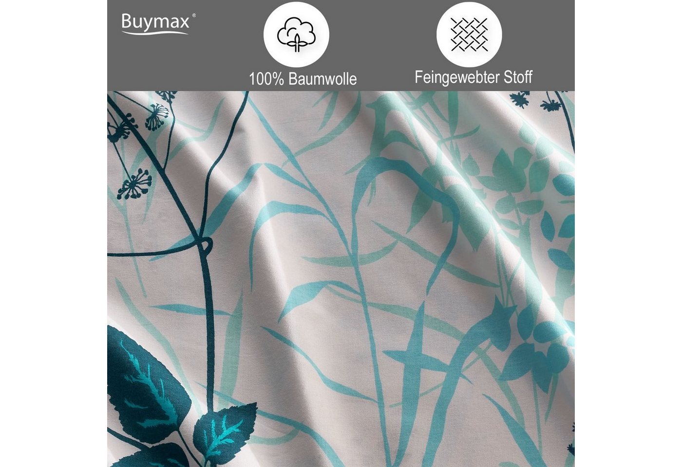 Buymax Bettwäsche Blue Garden, Renforcé, 100% Baumwolle, Renforce: 100% Baumwolle, 3 teilig, Bettwäsche-Set in 200x220 cm, mit Reißverschluss, Blumen, Weiß, Bla – Bild 3 von 5