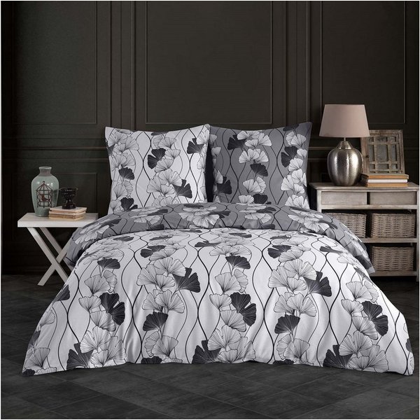 Buymax Bettwäsche Cornelia, Renforcé, 100% Baumwolle, Renforce: 100% Baumwolle, 3 teilig, 200x200 cm, mit Reißverschluss, Bettbezug-Set, Blumen, Grau, Schwarz