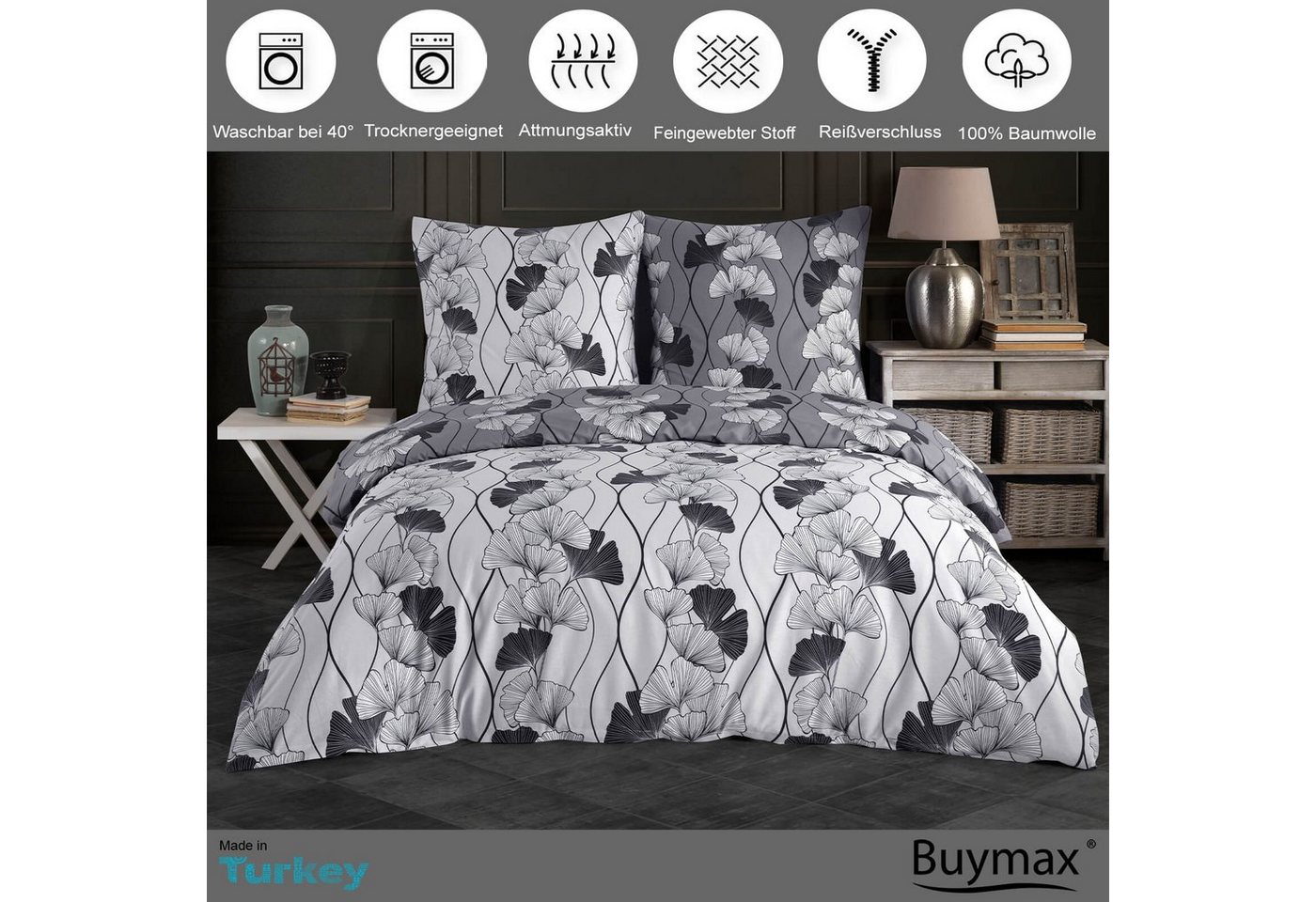 Buymax Bettwäsche Cornelia, Renforcé, 100% Baumwolle, Renforce: 100% Baumwolle, 3 teilig, 200x200 cm, mit Reißverschluss, Bettbezug-Set, Blumen, Grau, Schwarz – Bild 2 von 5