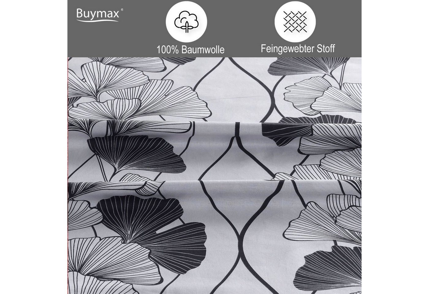 Buymax Bettwäsche Cornelia, Renforcé, 100% Baumwolle, Renforce: 100% Baumwolle, 3 teilig, 200x200 cm, mit Reißverschluss, Bettbezug-Set, Blumen, Grau, Schwarz – Bild 3 von 5