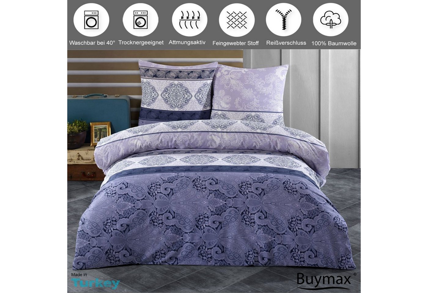 Buymax Bettwäsche Elada, Renforcé, 100% Baumwolle, Renforcé: 100% Baumwolle, 3 teilig, 200x220 cm, elegant, mit Reißverschluss, Bettwäsche-Set, Flieder Lila – Bild 2 von 5
