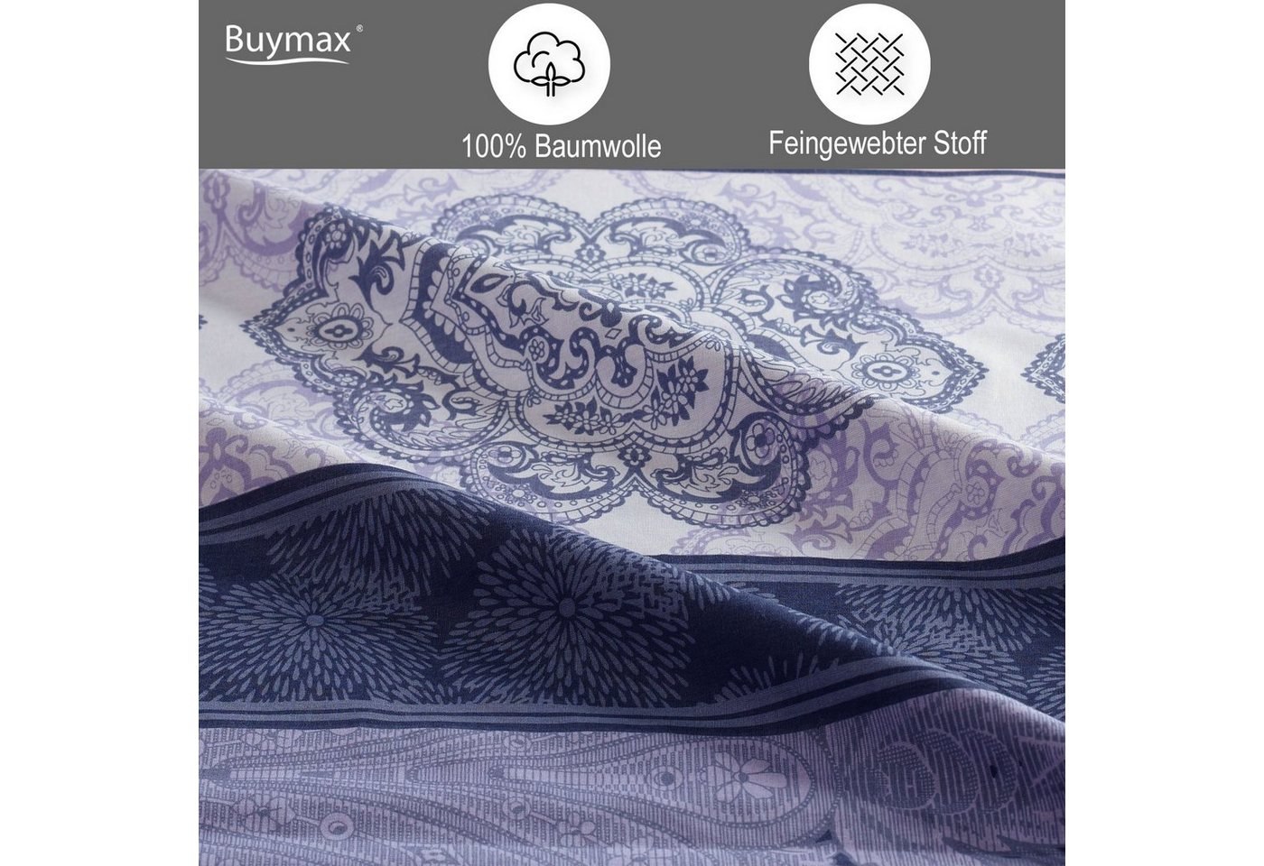 Buymax Bettwäsche Elada, Renforcé, 100% Baumwolle, Renforcé: 100% Baumwolle, 3 teilig, 200x220 cm, elegant, mit Reißverschluss, Bettwäsche-Set, Flieder Lila – Bild 3 von 5