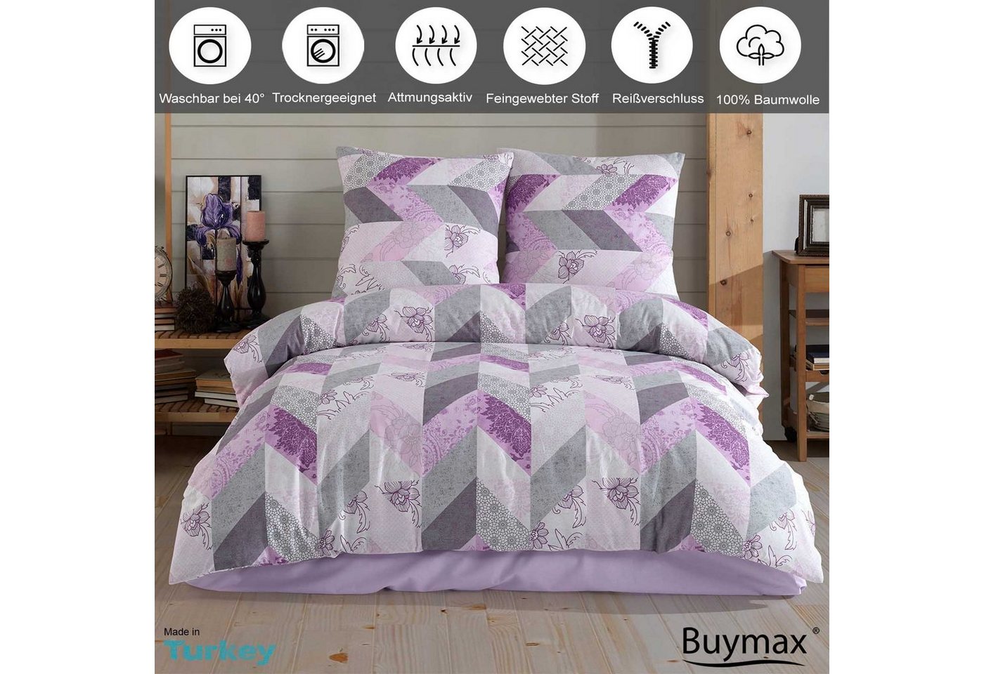 Buymax Bettwäsche Eldora, Renforcé, 100% Baumwolle, Renforcé: 100% Baumwolle, 2 teilig, 135x200 cm Kissenbezug 80x80, Reißverschluss Bettwäsche-Set, Lila Grau – Bild 2 von 5