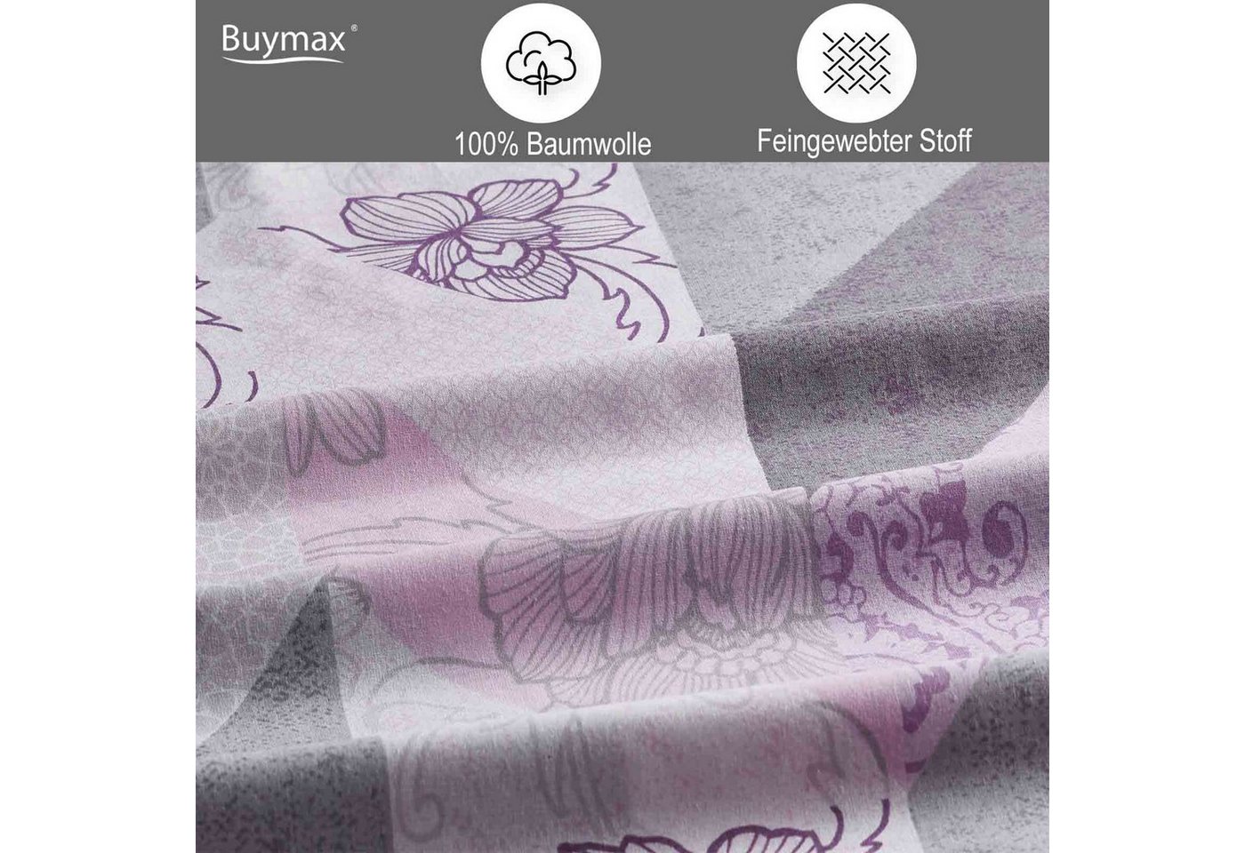 Buymax Bettwäsche Eldora, Renforcé, 100% Baumwolle, Renforcé: 100% Baumwolle, 2 teilig, 135x200 cm Kissenbezug 80x80, Reißverschluss Bettwäsche-Set, Lila Grau – Bild 3 von 5