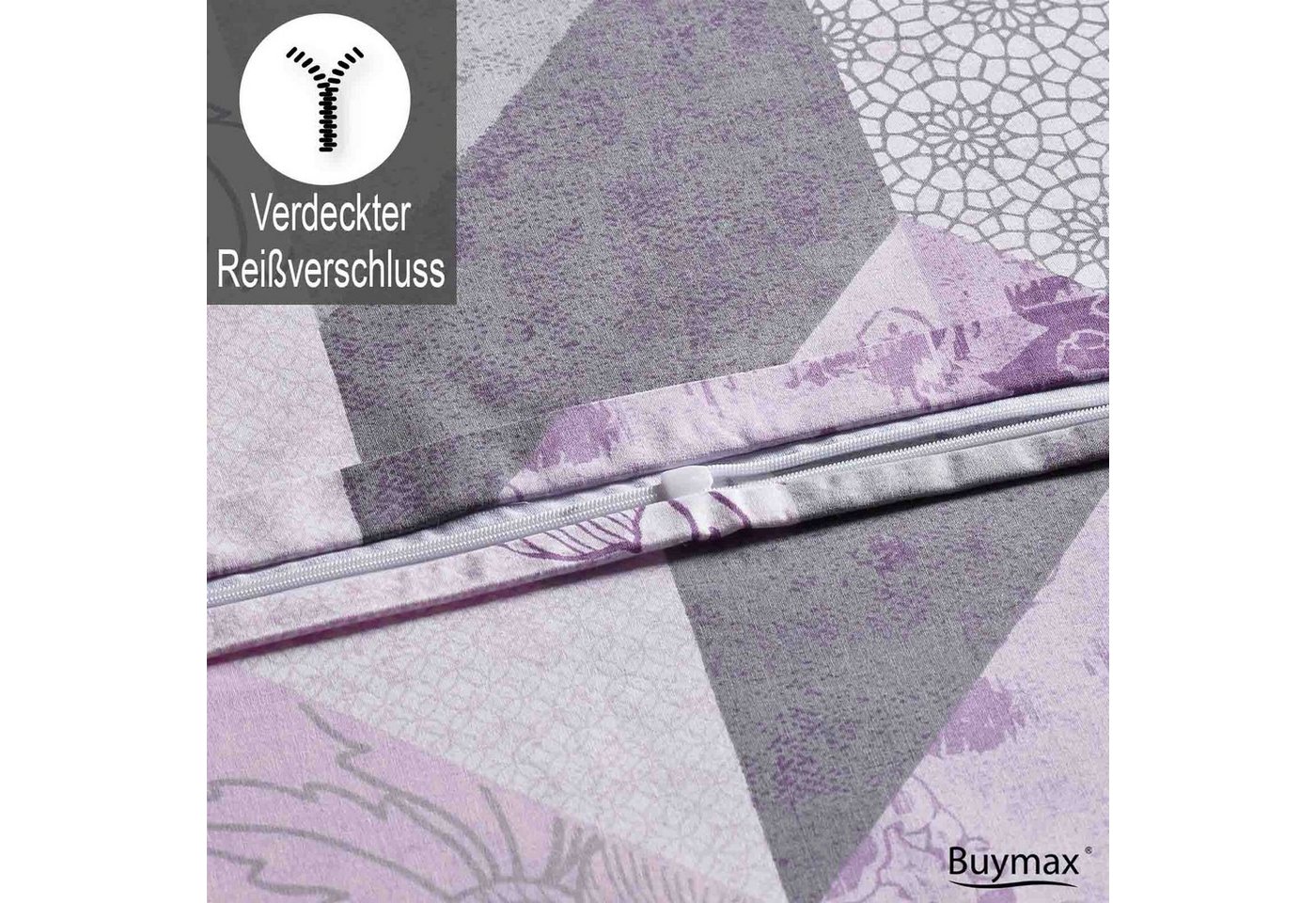 Buymax Bettwäsche Eldora, Renforcé, 100% Baumwolle, Renforcé: 100% Baumwolle, 2 teilig, 135x200 cm Kissenbezug 80x80, Reißverschluss Bettwäsche-Set, Lila Grau – Bild 4 von 5