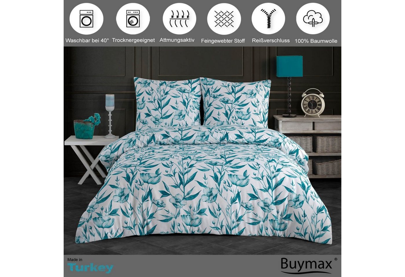 Buymax Bettwäsche Girasol, Renforcé, 100% Baumwolle, Renforce: 100% Baumwolle, 2 teilig, 135x200 cm, Bettbezug-Set, mit Reißverschluss, Blumen, Grün, Petrol – Bild 2 von 5