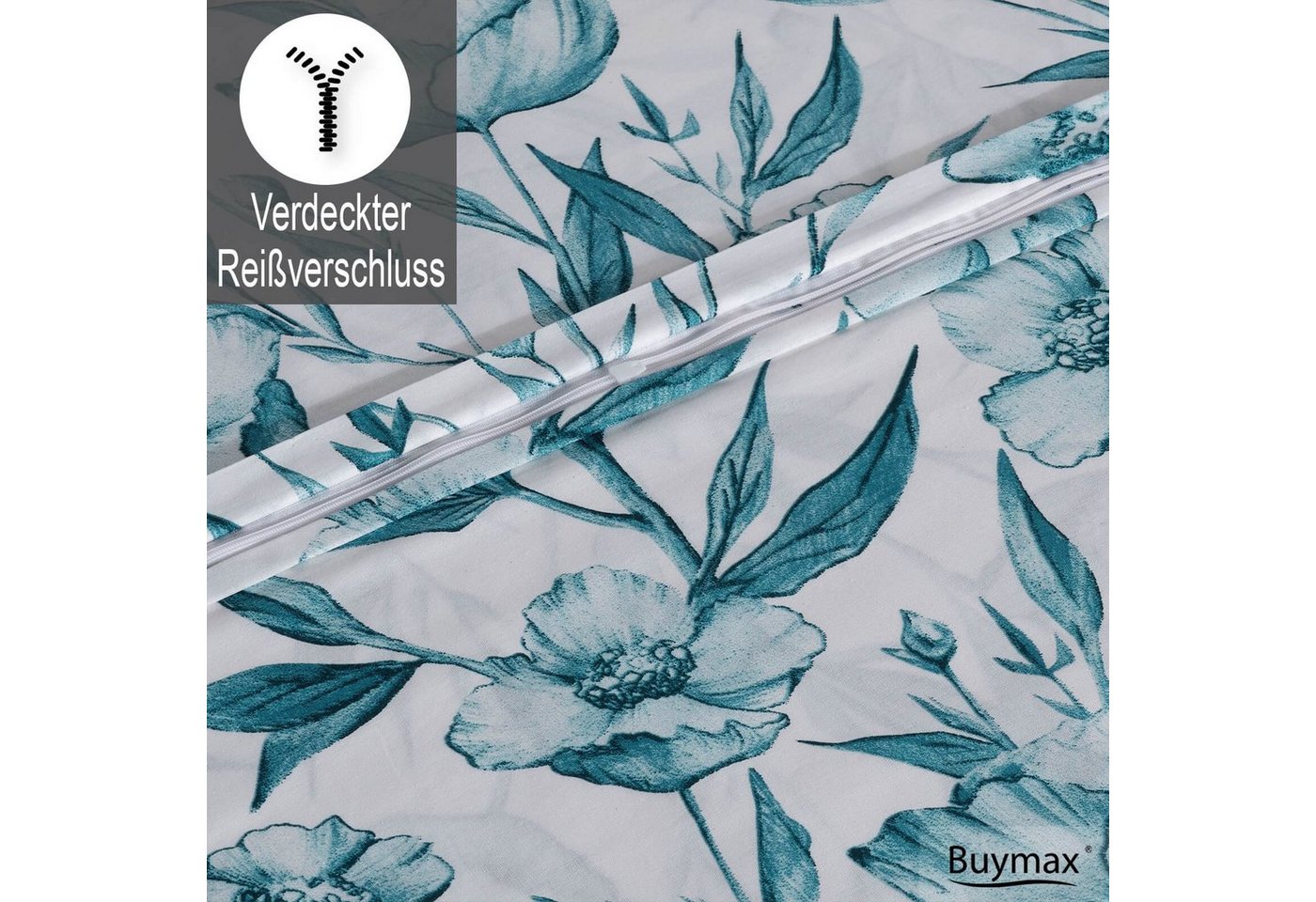 Buymax Bettwäsche Girasol, Renforcé, 100% Baumwolle, Renforce: 100% Baumwolle, 2 teilig, 135x200 cm, Bettbezug-Set, mit Reißverschluss, Blumen, Grün, Petrol – Bild 4 von 5