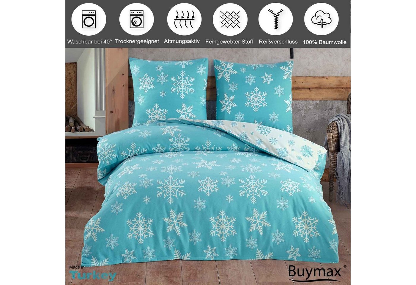 Buymax Bettwäsche, Biber, 3 teilig, 200x200 cm Flanell 100% Baumwolle Winterbettwäsche mit Reißverschluss – Bild 2 von 5