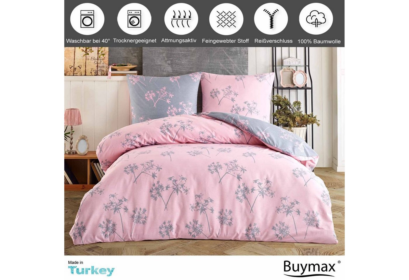 Buymax Bettwäsche Idil, Renforcé, 100% Baumwolle, Renforce: 100% Baumwolle, 2 teilig, 155x220 cm mit Reißverschluss, Muster Zweige, Rosa Pink Grau – Bild 2 von 5