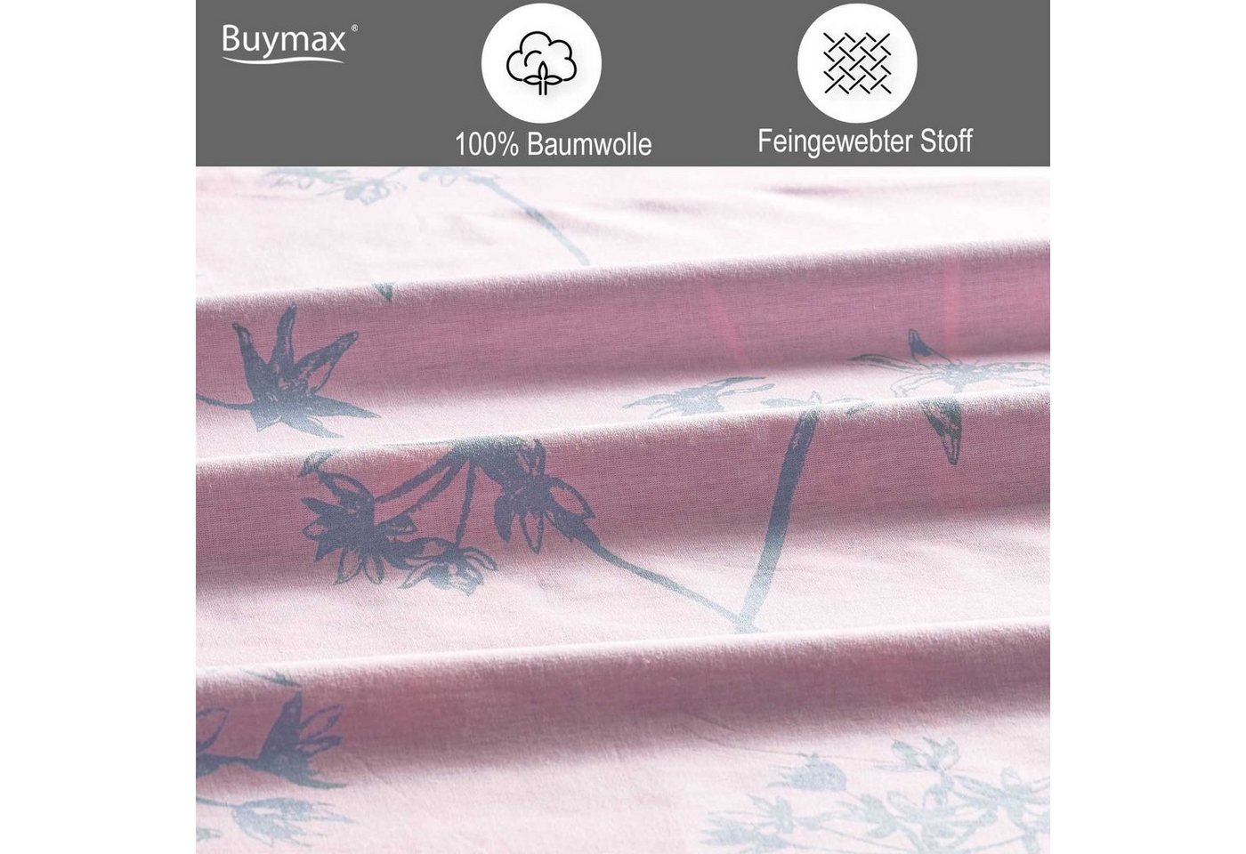Buymax Bettwäsche Idil, Renforcé, 100% Baumwolle, Renforce: 100% Baumwolle, 2 teilig, 155x220 cm mit Reißverschluss, Muster Zweige, Rosa Pink Grau – Bild 3 von 5