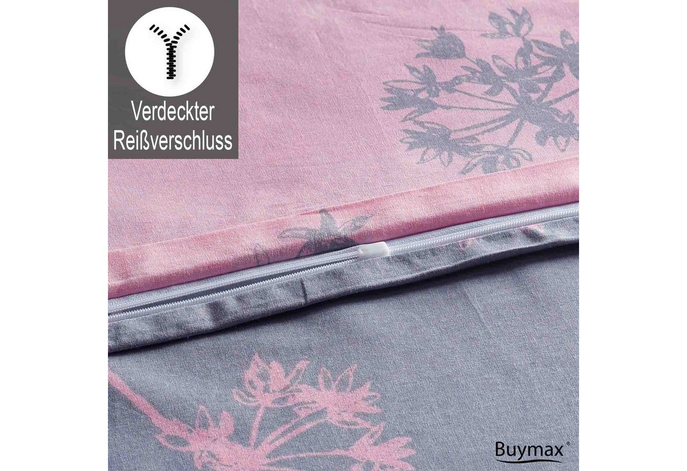 Buymax Bettwäsche Idil, Renforcé, 100% Baumwolle, Renforce: 100% Baumwolle, 2 teilig, 155x220 cm mit Reißverschluss, Muster Zweige, Rosa Pink Grau – Bild 4 von 5