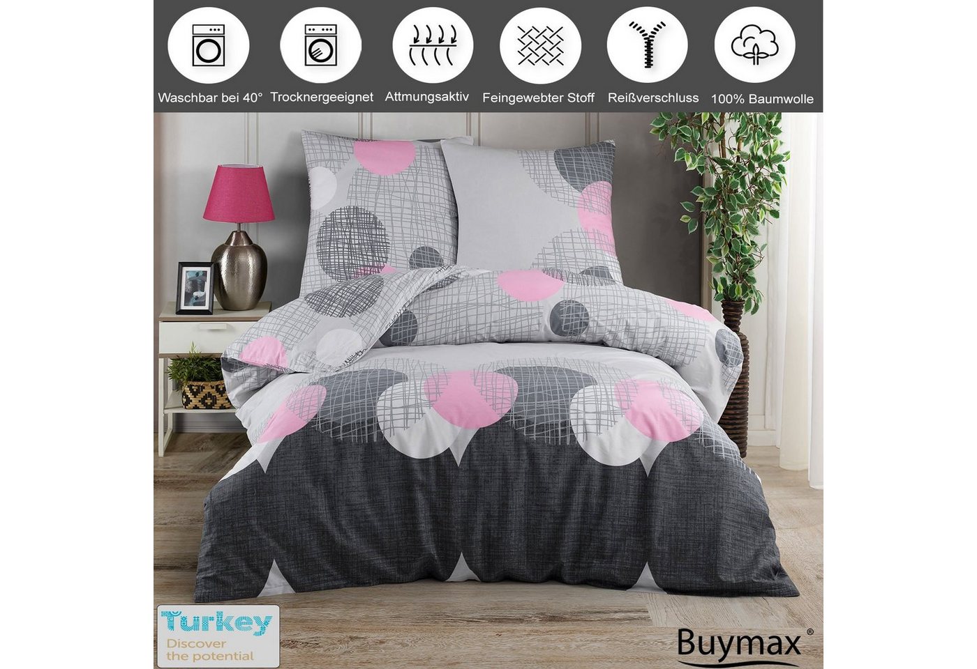 Buymax Bettwäsche Jadore, Renforcé, 100% Baumwolle, Renforce, 3 teilig, Bettbezug-Set 200x200 cm 100% Baumwolle mit Reißverschluss Grau Rosa – Bild 2 von 5