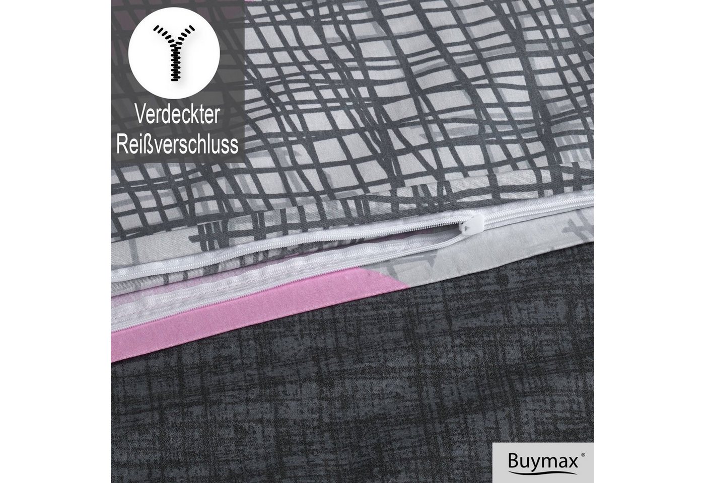 Buymax Bettwäsche Jadore, Renforcé, 100% Baumwolle, Renforce, 3 teilig, Bettbezug-Set 200x200 cm 100% Baumwolle mit Reißverschluss Grau Rosa – Bild 3 von 5