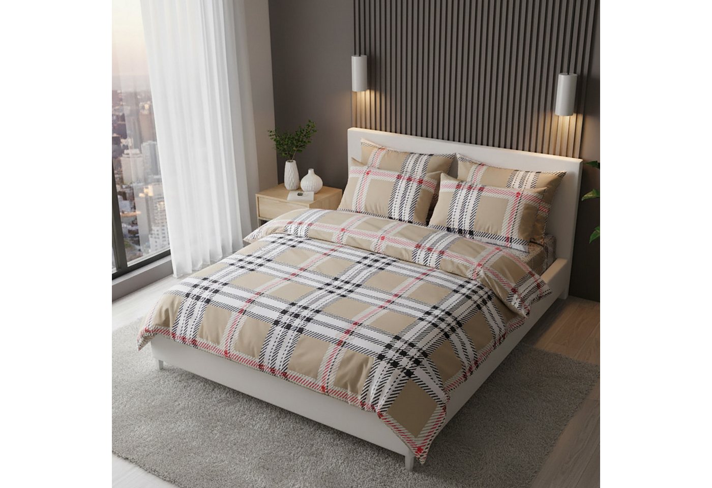 Buymax Bettwäsche Jurado, Renforcé, 100% Baumwolle, Renforce: 100% Baumwolle, 3 teilig, mit Reißverschluss, gemustert, Karo, Beige, 200x220 cm – Bild 2 von 5