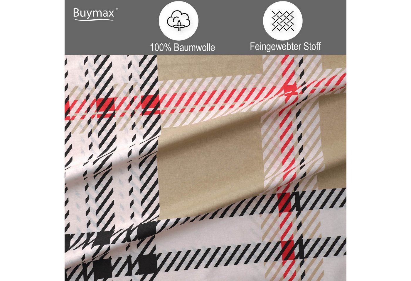 Buymax Bettwäsche Jurado, Renforcé, 100% Baumwolle, Renforce: 100% Baumwolle, 3 teilig, mit Reißverschluss, gemustert, Karo, Beige, 200x220 cm – Bild 3 von 5
