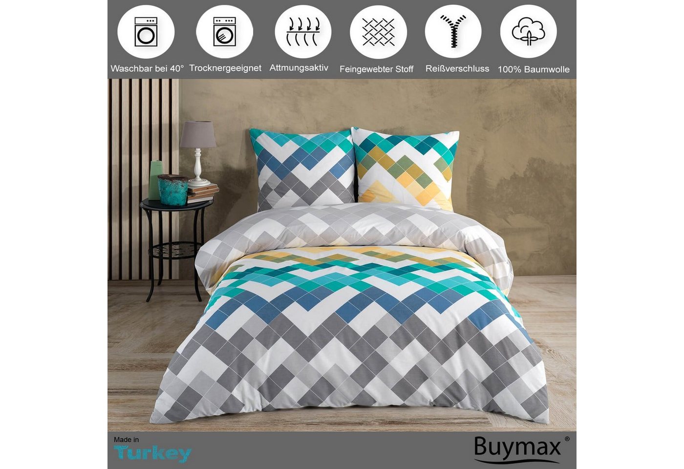Buymax Bettwäsche Larinda, Renforcé, 100% Baumwolle, 100% Baumwolle Renforcé, 3 teilig, 200x200 cm mit Reißverschluss, Bettbezug-Set, gestreift Gelb Grau Blau – Bild 2 von 5