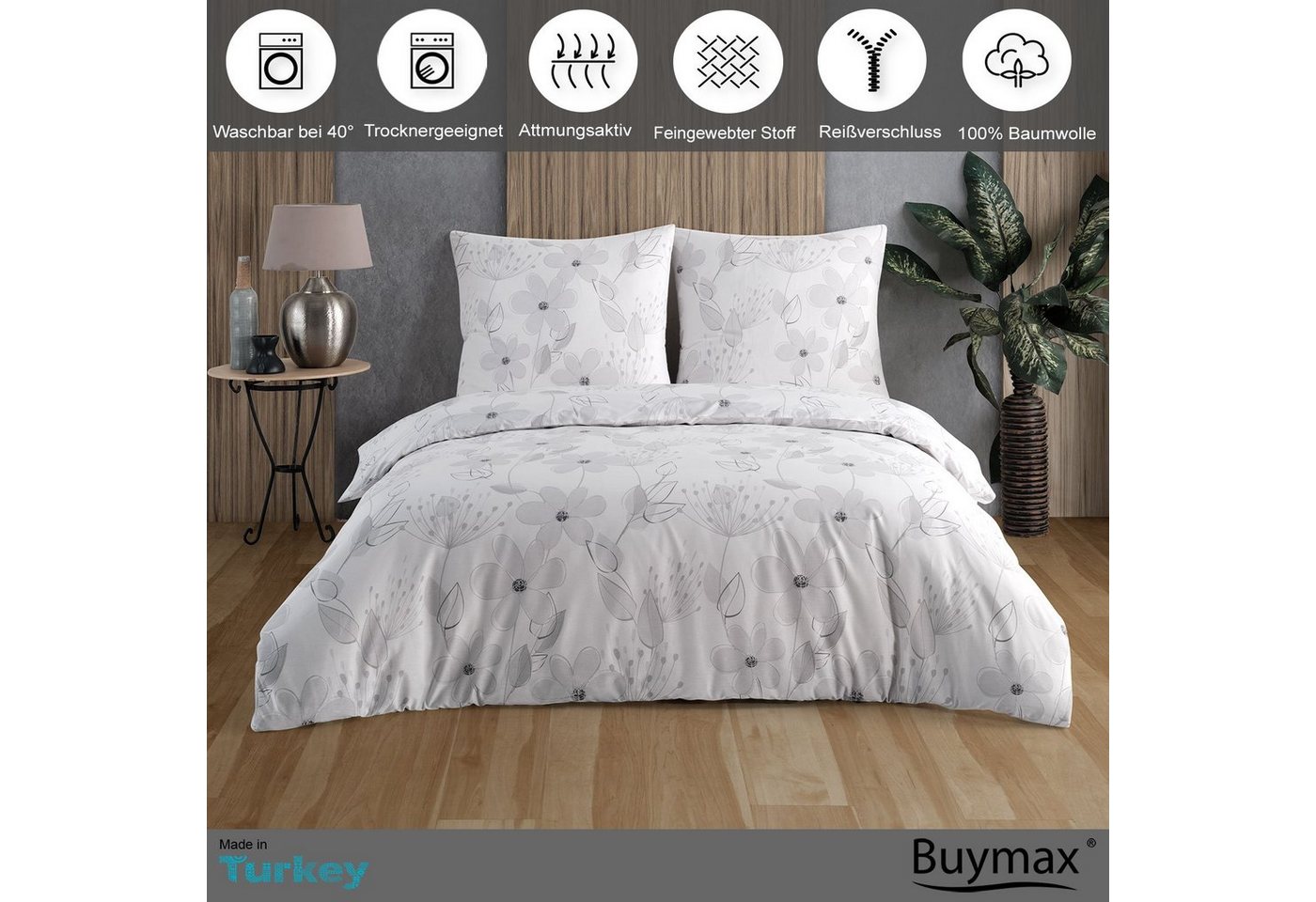 Buymax Bettwäsche Larissa, Renforcé, 100% Baumwolle, Renforce: 100% Baumwolle, 2 teilig, 155x220 cm mit Reißverschluss Bettbezug-Set geblümt Blumen, Weiß Grau – Bild 2 von 5