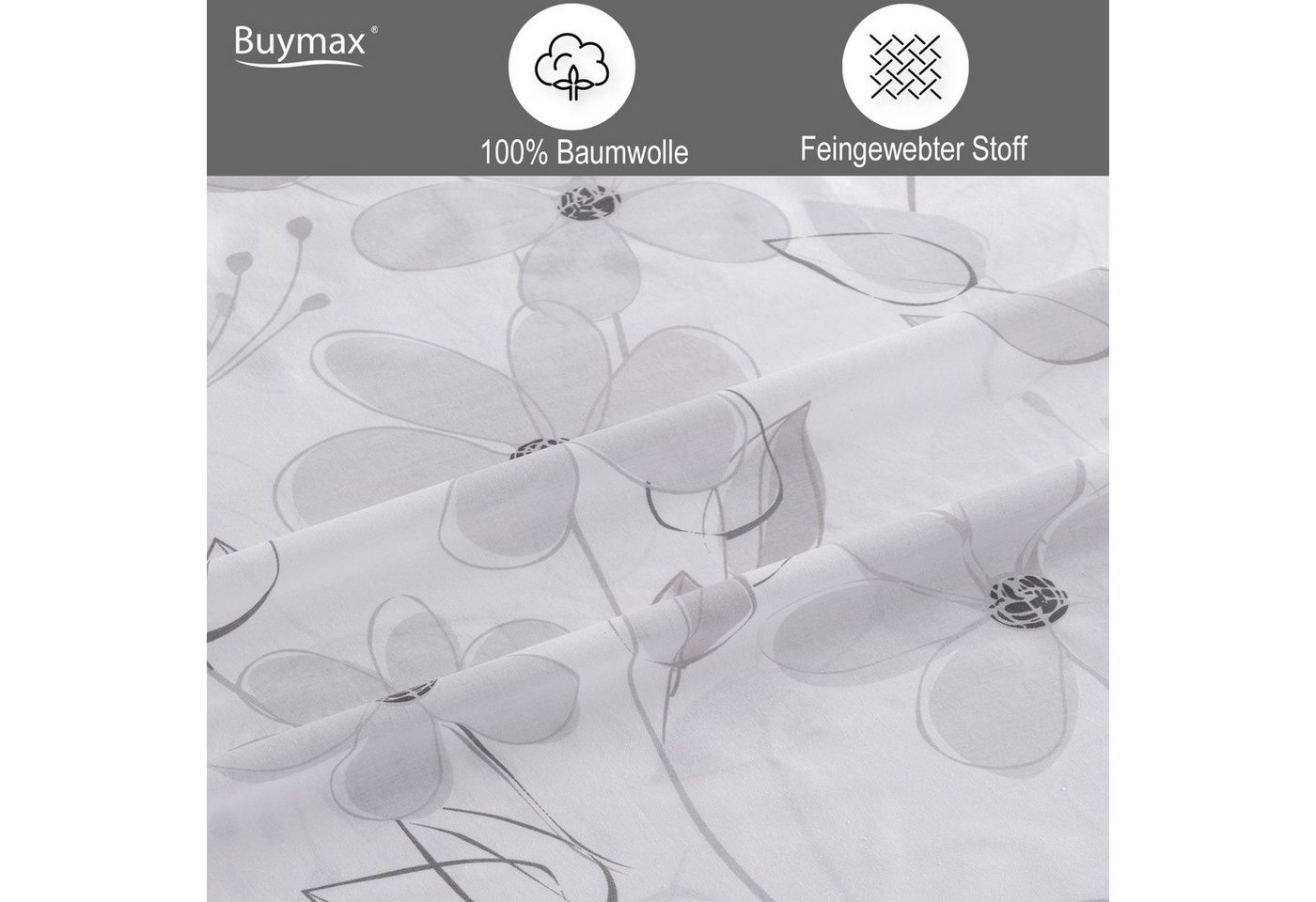 Buymax Bettwäsche Larissa, Renforcé, 100% Baumwolle, Renforce: 100% Baumwolle, 2 teilig, 155x220 cm mit Reißverschluss Bettbezug-Set geblümt Blumen, Weiß Grau – Bild 3 von 5