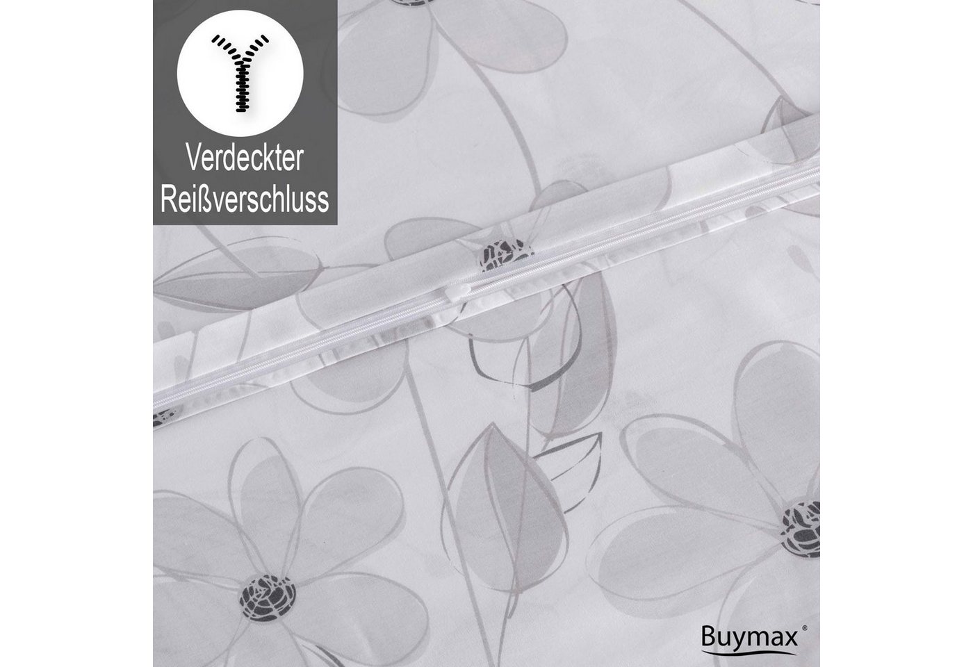 Buymax Bettwäsche Larissa, Renforcé, 100% Baumwolle, Renforce: 100% Baumwolle, 2 teilig, 155x220 cm mit Reißverschluss Bettbezug-Set geblümt Blumen, Weiß Grau – Bild 4 von 5