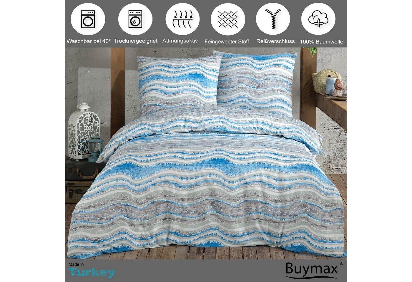 Buymax Bettwäsche Mella, Renforcé, 100% Baumwolle, Renforce: 100% Baumwolle, 3 teilig, 200x200 cm Bettbezug Set, mit Reißverschluss, Streifen, Blau Weiß Grau – Bild 2 von 5