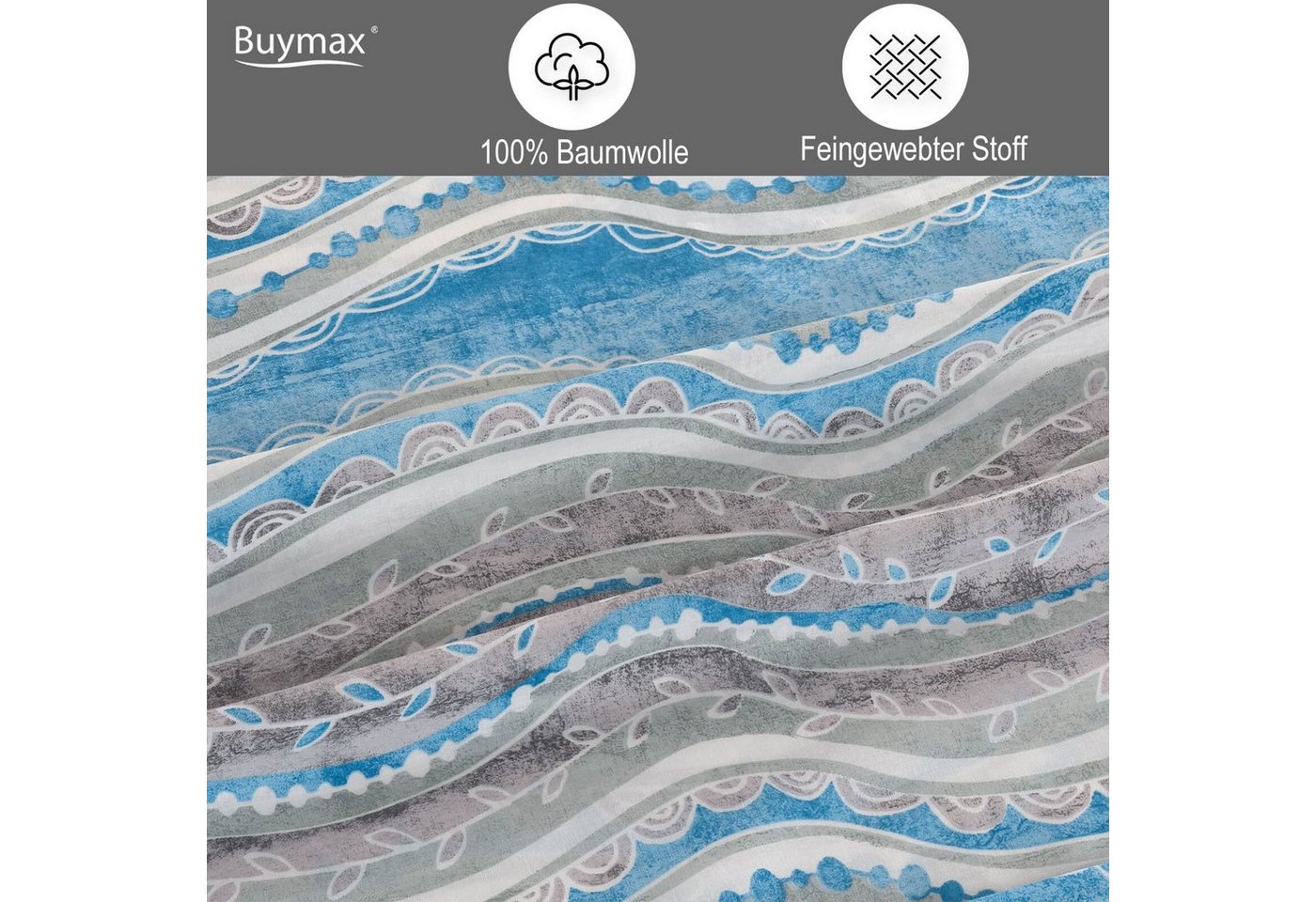 Buymax Bettwäsche Mella, Renforcé, 100% Baumwolle, Renforce: 100% Baumwolle, 3 teilig, 200x200 cm Bettbezug Set, mit Reißverschluss, Streifen, Blau Weiß Grau – Bild 3 von 5