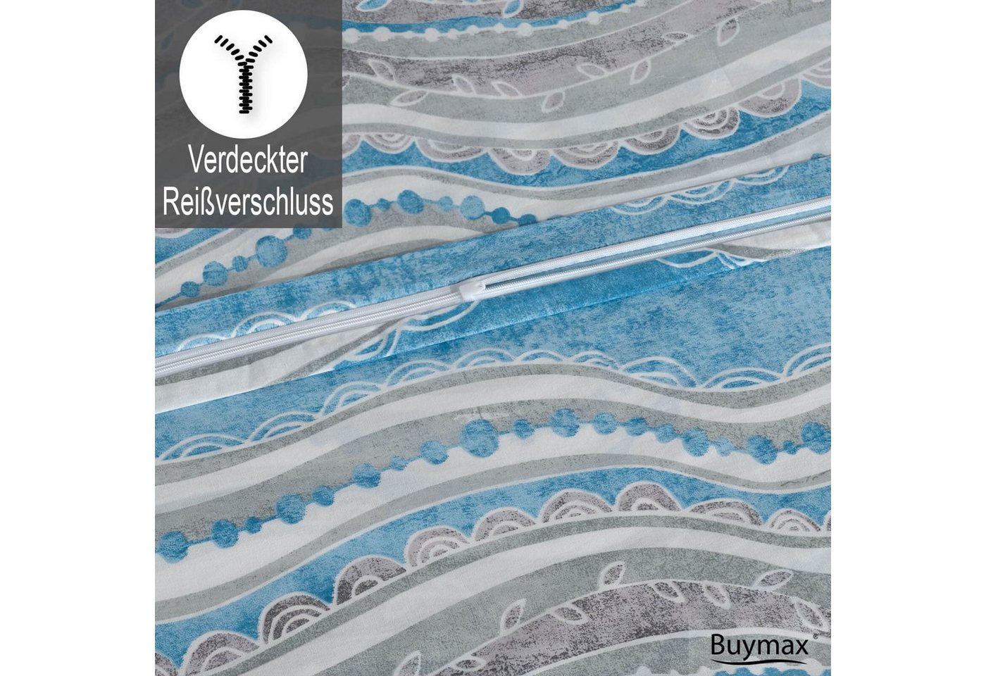 Buymax Bettwäsche Mella, Renforcé, 100% Baumwolle, Renforce: 100% Baumwolle, 3 teilig, 200x200 cm Bettbezug Set, mit Reißverschluss, Streifen, Blau Weiß Grau – Bild 4 von 5
