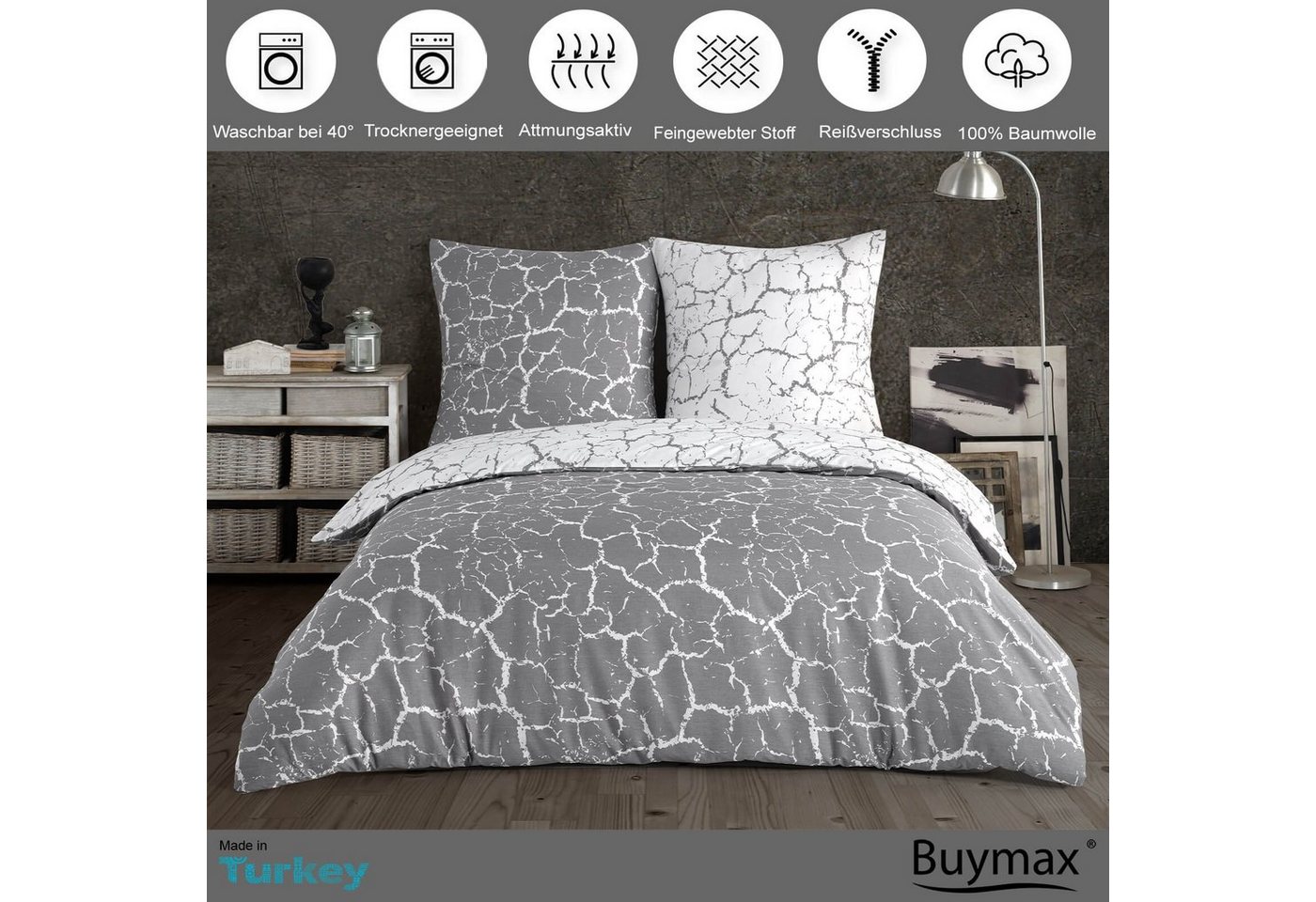 Buymax Bettwäsche Mercer, Renforcé, 100% Baumwolle, Renforce: 100% Baumwolle, 2 teilig, 135x200 cm, mit Reißverschluss, Muster Marmor, Grau, Weiß – Bild 2 von 5