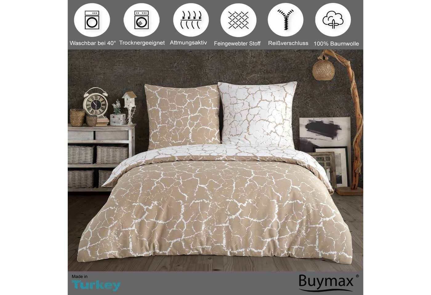 Buymax Bettwäsche Mercer, Renforcé, 100% Baumwolle, Renforce: 100% Baumwolle, 2 teilig, 155x220 cm, mit Reißverschluss, Muster Marmor, Beige, Weiß – Bild 2 von 5