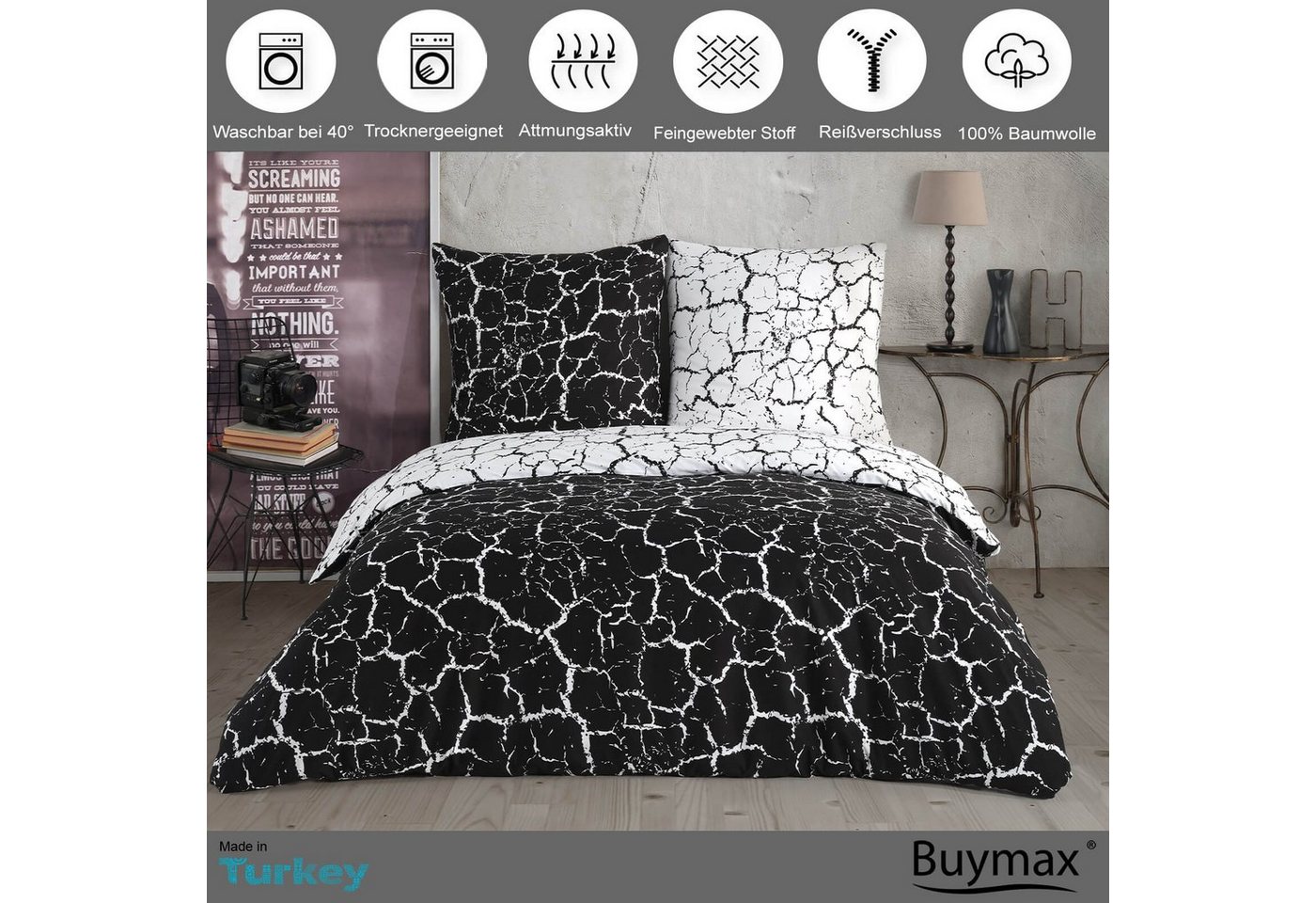 Buymax Bettwäsche Mercer, Renforcé, 100% Baumwolle, Renforce: 100% Baumwolle, 3 teilig, 200x200 cm, mit Reißverschluss, Muster Marmor, Schwarz, Weiß – Bild 2 von 5