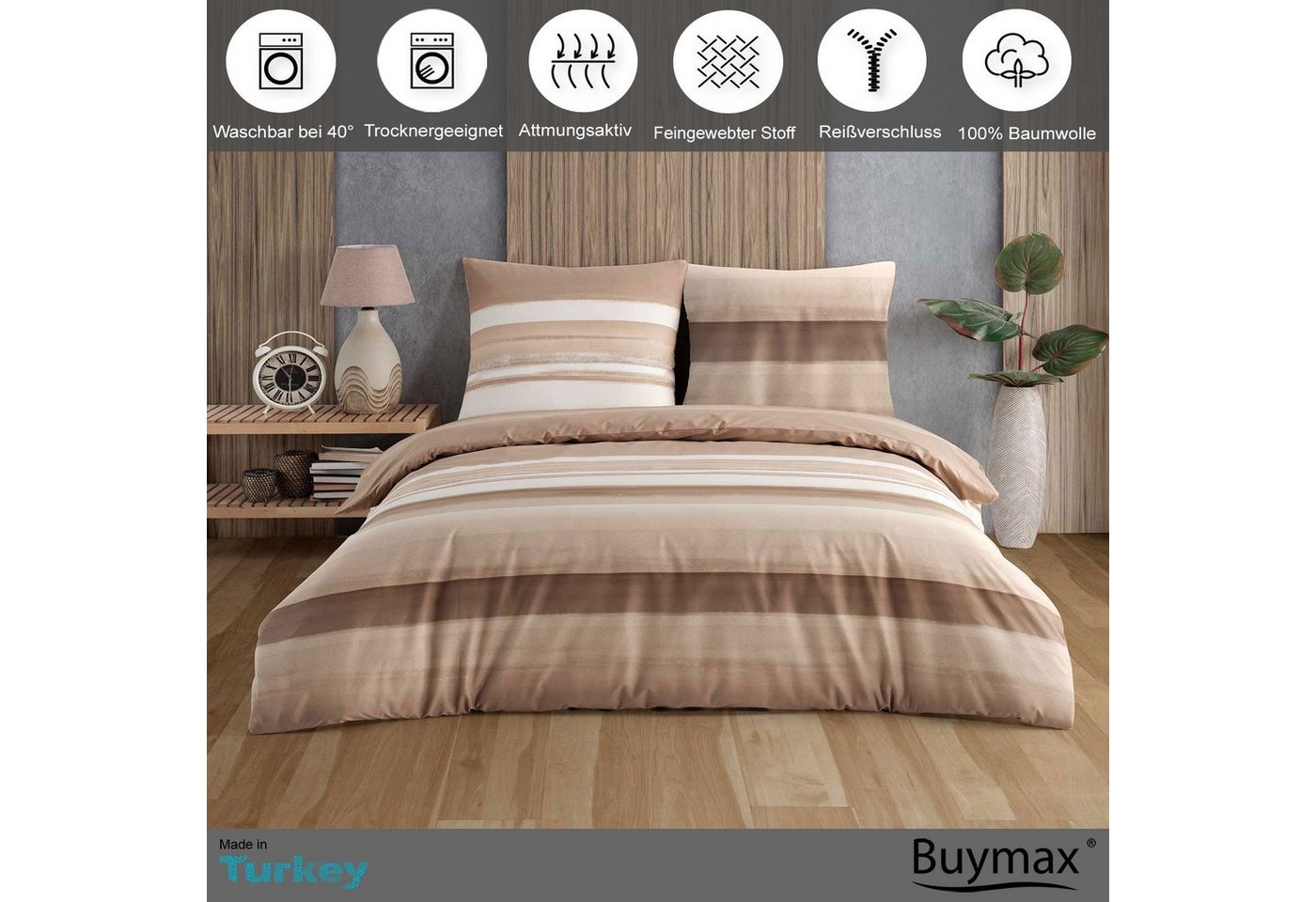 Buymax Bettwäsche Palermo, Renforcé, 100% Baumwolle, Renforcé: 100% Baumwolle, 3 teilig, 200x220 cm, Bettbezug-Set, mit Reißverschluss, Streifen, Braun-Beige – Bild 2 von 5
