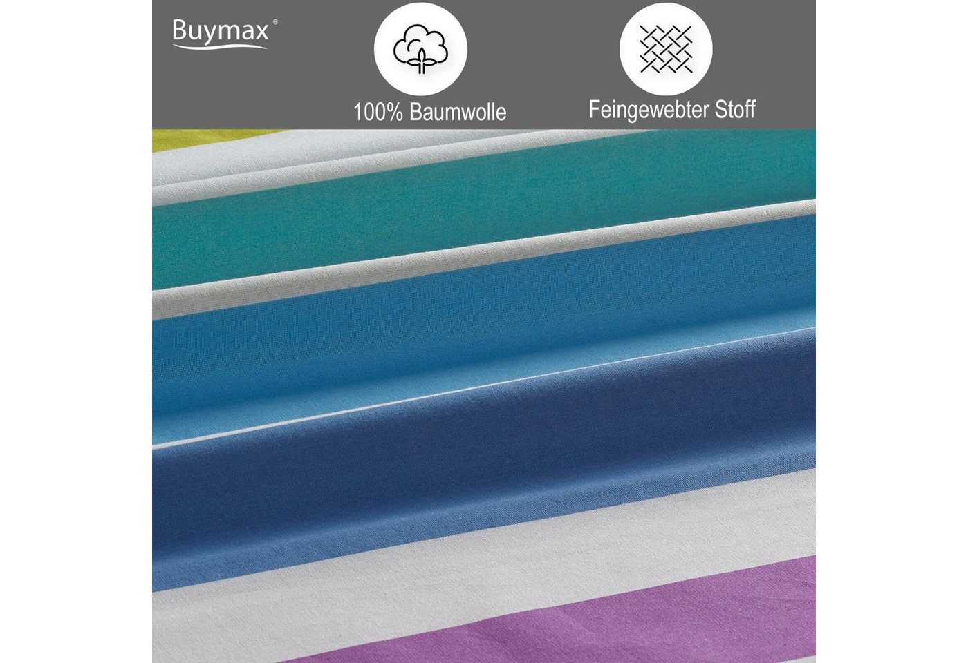 Buymax Bettwäsche Regenbogen, Rainbow 100% Baumwolle, Renforcé, 2 teilig, 155x220 cm, mit Reißverschluss, Gestreift, Streifen Bunt Rot Weiß Gelb – Bild 3 von 5