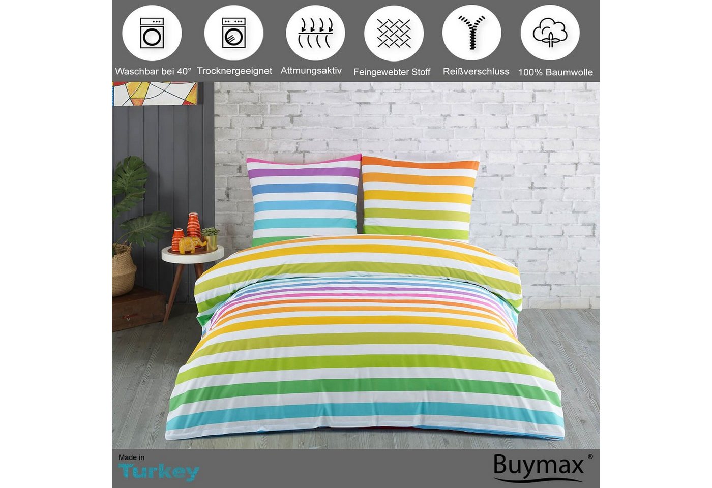 Buymax Bettwäsche Regenbogen, Rainbow 100% Baumwolle, Renforcé, 4 teilig, 155x220 cm, mit Reißverschluss, Gestreift, Streifen Bunt Rot Weiß Gelb – Bild 2 von 4