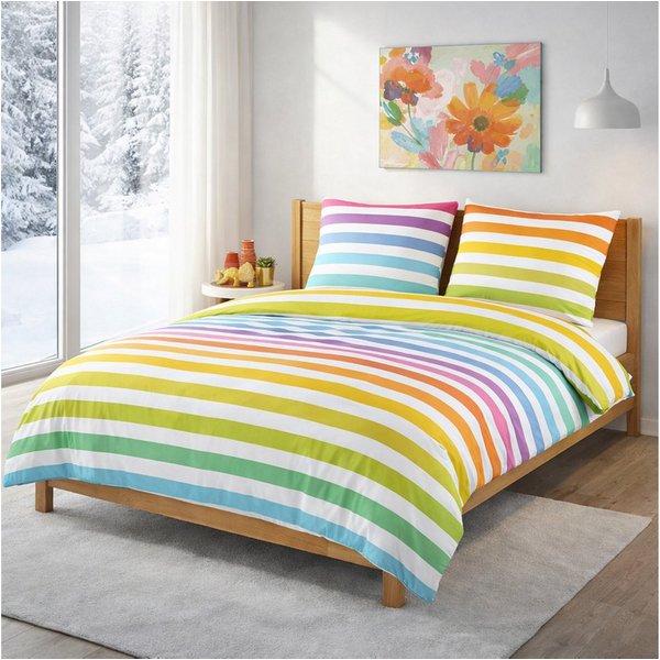Buymax Bettwäsche Regenbogen, Rainbow 100% Baumwolle, Biber, 3 teilig, 200x220 cm Flanell 100% Baumwolle Winterbettwäsche mit Reißverschluss