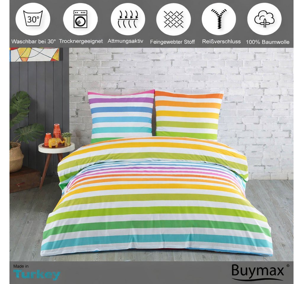 Buymax Bettwäsche Regenbogen, Rainbow 100% Baumwolle, Biber, 3 teilig, 200x220 cm Flanell 100% Baumwolle Winterbettwäsche mit Reißverschluss – Bild 2 von 5