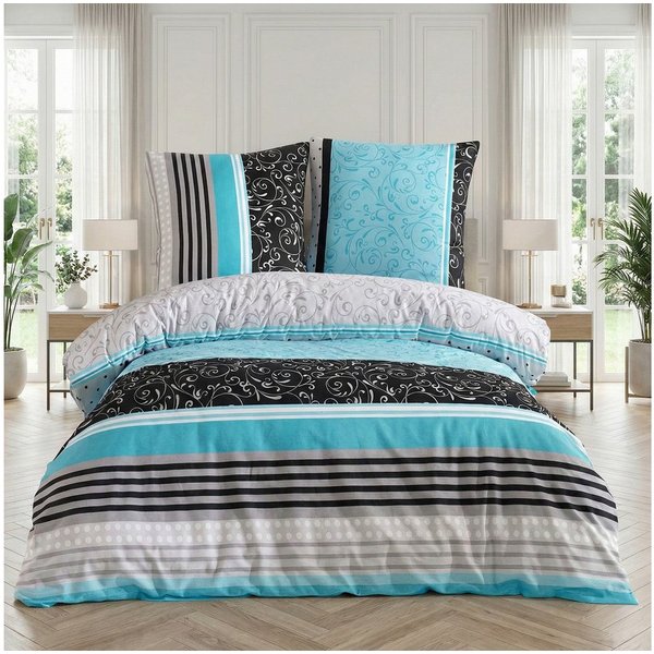 Buymax Bettwäsche Sara, Renforcé, 100% Baumwolle, Renforcé: 100% Baumwolle, 2 teilig, 135x200 cm, mit Reißverschluss, Streifen Gestreift Türkis Grau Schwarz