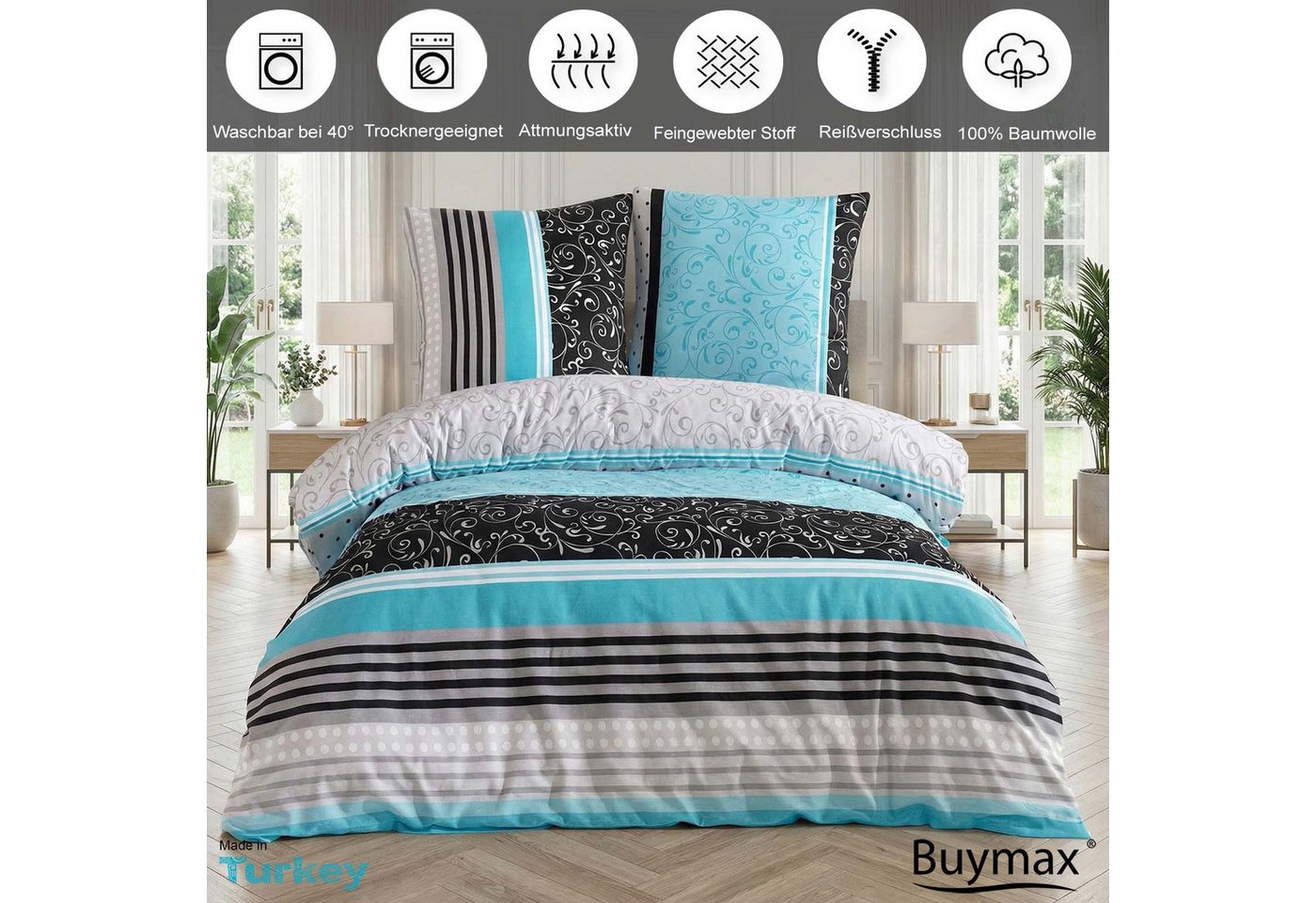 Buymax Bettwäsche Sara, Renforcé, 100% Baumwolle, Renforcé: 100% Baumwolle, 2 teilig, 135x200 cm, mit Reißverschluss, Streifen Gestreift Türkis Grau Schwarz – Bild 2 von 5