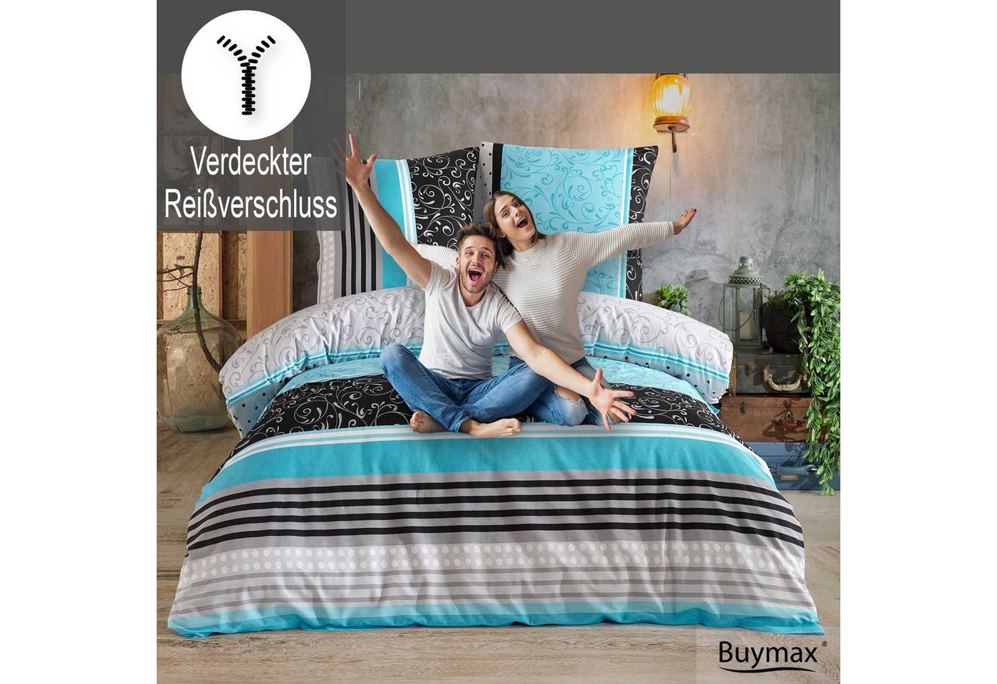Buymax Bettwäsche Sara, Renforcé, 100% Baumwolle, Renforcé: 100% Baumwolle, 2 teilig, 135x200 cm, mit Reißverschluss, Streifen Gestreift Türkis Grau Schwarz – Bild 3 von 5