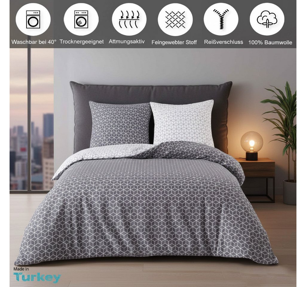 Buymax Bettwäsche Sillage, Renforcé, 100% Baumwolle, Renforce: 100% Baumwolle, 3 teilig, mit Reißverschluss, modern gestreift, Grau Weiß, 200x200 cm – Bild 2 von 5