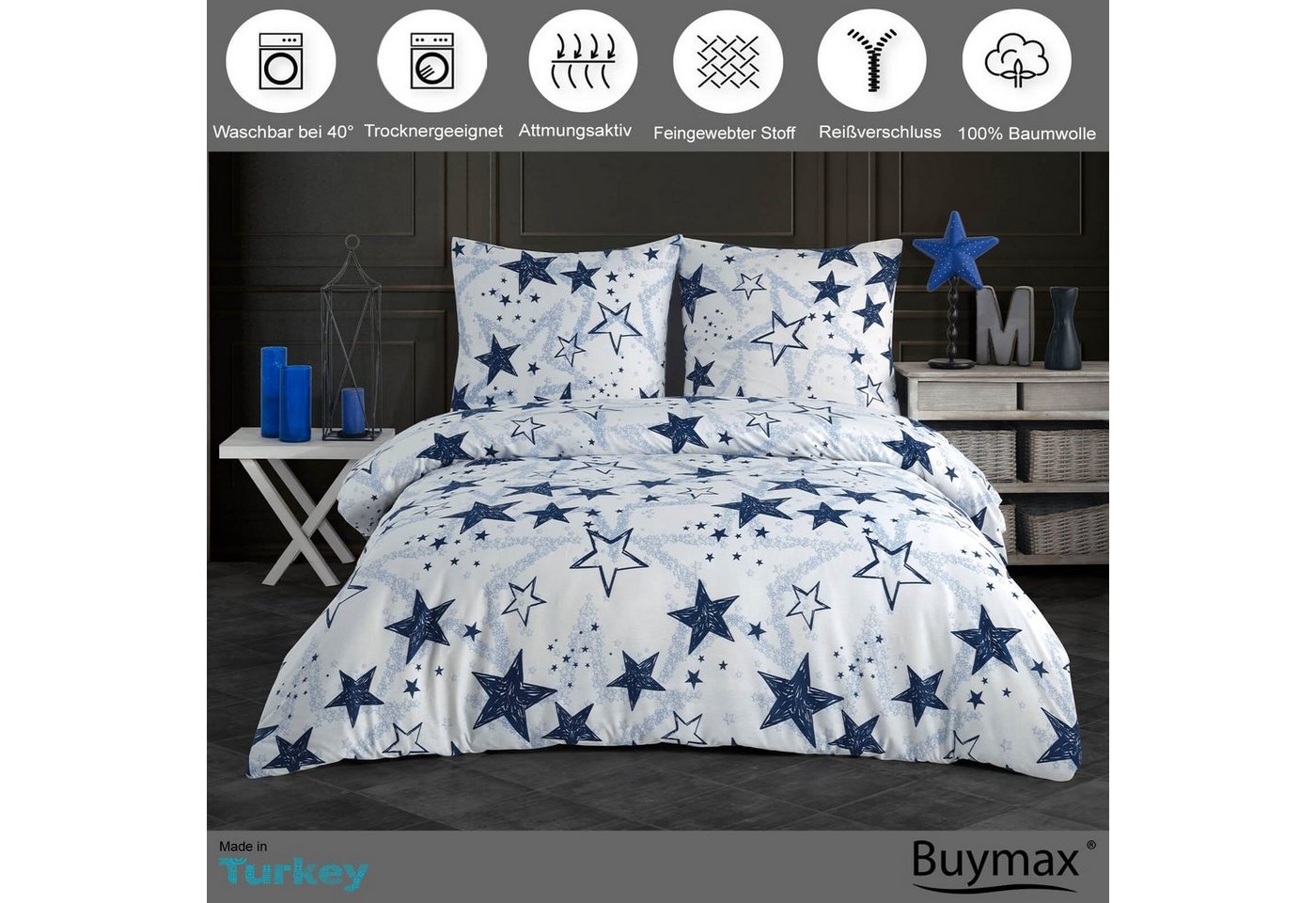 Buymax Bettwäsche Stella Royal, Renforcé, 100% Baumwolle, Renforcé: 100% Baumwolle, 3 teilig, Bettbezug-Set, 200x200 cm, mit Reißverschluss Sterne Stars Weiß Bl – Bild 2 von 5