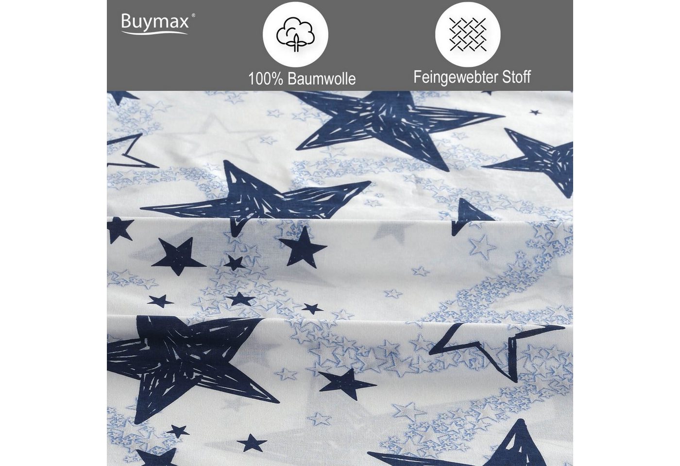 Buymax Bettwäsche Stella Royal, Renforcé, 100% Baumwolle, Renforcé: 100% Baumwolle, 3 teilig, Bettbezug-Set, 200x200 cm, mit Reißverschluss Sterne Stars Weiß Bl – Bild 3 von 5