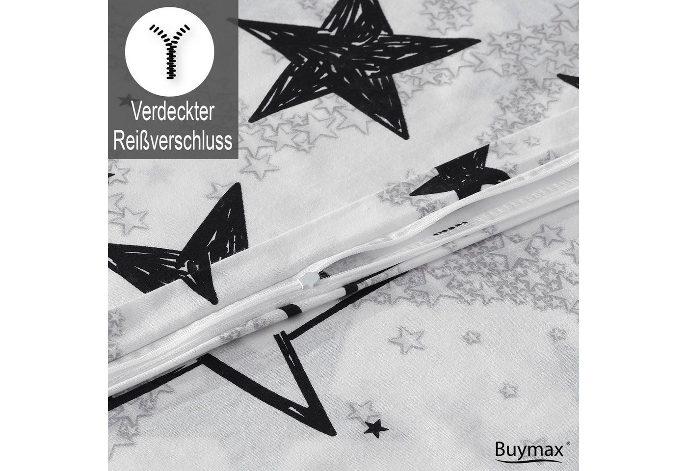 Buymax Bettwäsche Sterne-Muster, Stella Black, Renforcé, 100% Baumwolle, Renforcé, 3 teilig, Bettbezug-Set 200x220 cm 100% Baumwolle Reißverschluss Weiß Schwarz – Bild 3 von 5