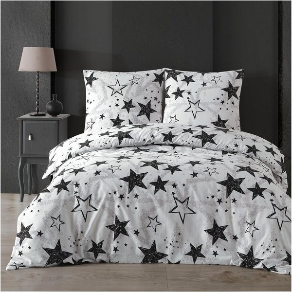 Buymax Bettwäsche Sterne-Muster, Stella Black, Renforcé, 100% Baumwolle, Renforcé, 2 teilig, Bettbezug-Set 135x200 cm 100% Baumwolle Reißverschluss Weiß Schwarz